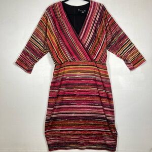 MAISON TARA  Midi Dress Women V Neck 3/4 Sleeve Faux Wrap  Striped Sz 16